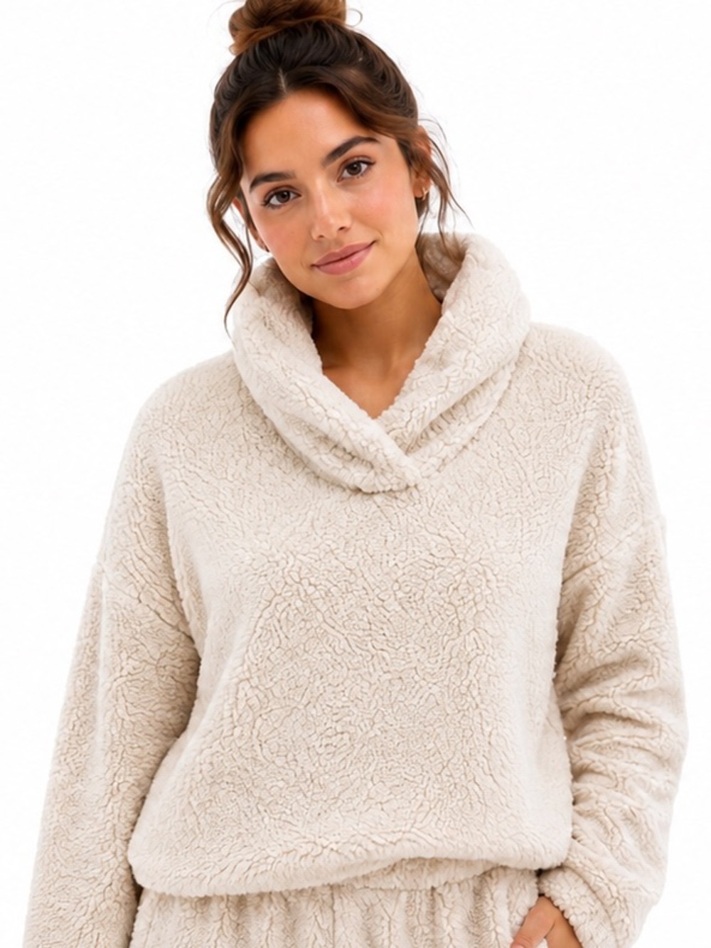 Cozy Sherpa Fleece Cowl Neck Sweatshirt Cream Size Medium